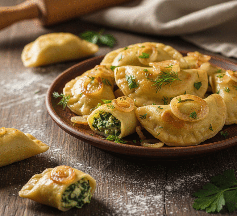 Wegańskie pierogi z ziemniakami i szpinakiem podane na talerzu z okrasą z cebulki.