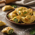 Wegańskie pierogi z ziemniakami i szpinakiem podane na talerzu z okrasą z cebulki.