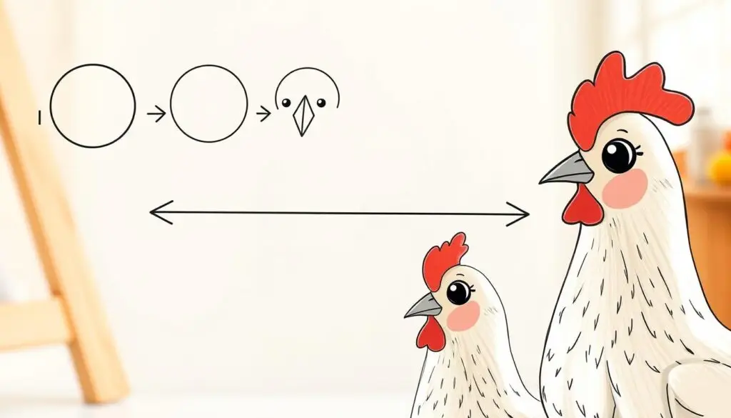 A step-by-step guide to drawing a cute chicken, focusing on its head, beak, eye, and comb. In the foreground, illustrate a series of clear, hand-drawn sketches of each part: start with the round head, add a small triangular beak, a large eye with a sparkle, and the iconic red comb on top. In the middle, integrate arrows and simple labels connecting each step to show progression. The background should be soft and blurred, resembling a cozy artist's workspace with light wooden textures and gentle natural lighting. Aim for a cheerful, educational atmosphere, encouraging the viewer to engage with the drawing process. The overall image should feel inviting and instructive, perfect for a beginner's tutorial. A step-by-step guide to drawing a cute chicken, focusing on its head, beak, eye, and comb. In the foreground, illustrate a series of clear, hand-drawn sketches of each part: start with the round head, add a small triangular beak, a large eye with a sparkle, and the iconic red comb on top. In the middle, integrate arrows and simple labels connecting each step to show progression. The background should be soft and blurred, resembling a cozy artist's workspace with light wooden textures and gentle natural lighting. Aim for a cheerful, educational atmosphere, encouraging the viewer to engage with the drawing process. The overall image should feel inviting and instructive, perfect for a beginner's tutorial.