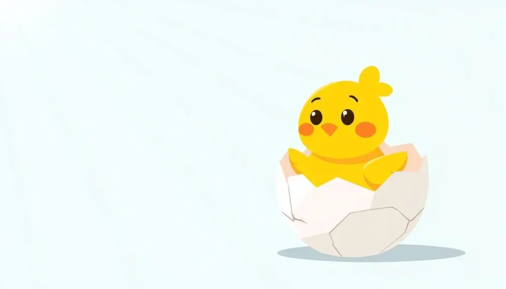 A whimsical illustration of a cartoon chicken sitting comfortably inside an eggshell. The chicken is composed of simple geometric shapes, with circles and ovals forming its head, body, and legs. The foreground features a bright yellow chicken, with big expressive eyes and a cheerful smile, peeking out from a cracked white eggshell. In the middle ground, a softly textured light blue background symbolizes a sunny sky. Light beams break through, creating a warm and playful atmosphere. The image should be well-lit with soft shadows to give a friendly feel, emphasizing the simplicity and cuteness of the character design. Utilize a dynamic angle, slightly tilting downwards, to enhance the sense of depth and focus on the chicken. A whimsical illustration of a cartoon chicken sitting comfortably inside an eggshell. The chicken is composed of simple geometric shapes, with circles and ovals forming its head, body, and legs. The foreground features a bright yellow chicken, with big expressive eyes and a cheerful smile, peeking out from a cracked white eggshell. In the middle ground, a softly textured light blue background symbolizes a sunny sky. Light beams break through, creating a warm and playful atmosphere. The image should be well-lit with soft shadows to give a friendly feel, emphasizing the simplicity and cuteness of the character design. Utilize a dynamic angle, slightly tilting downwards, to enhance the sense of depth and focus on the chicken.