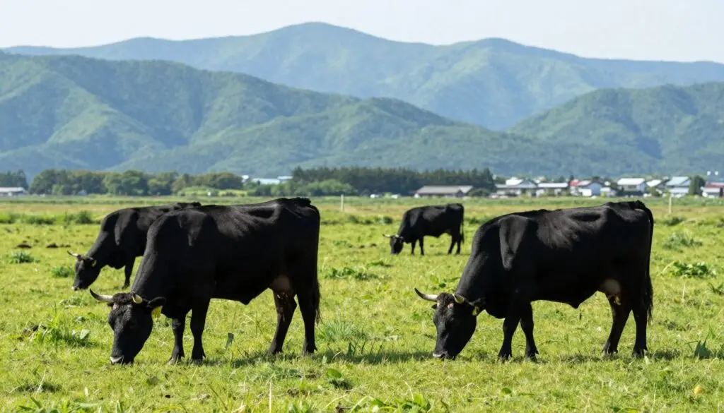 Bydło rasy Wagyu pasące się na zielonych pastwiskach w Japonii z górami w tle Bydło rasy Wagyu pasące się na zielonych pastwiskach w Japonii z górami w tle