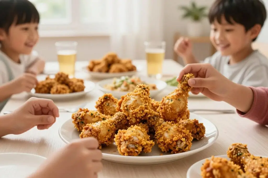 Dzieci jedzące łagodną wersję kurczaka jak z KFC