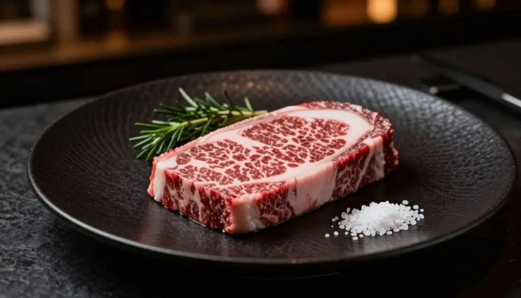 Elegancko podany stek z wołowiny Wagyu A5 w luksusowej restauracji Elegancko podany stek z wołowiny Wagyu A5 w luksusowej restauracji