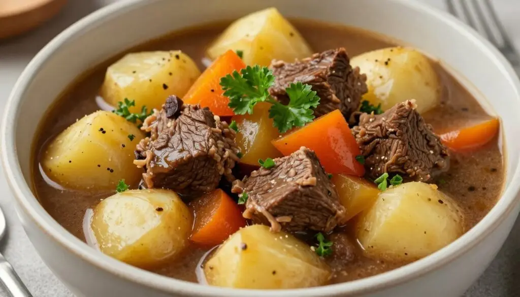 Gotowy gulasz wołowy podany w misce z ziemniakami i natką pietruszki Gotowy gulasz wołowy podany w misce z ziemniakami i natką pietruszki