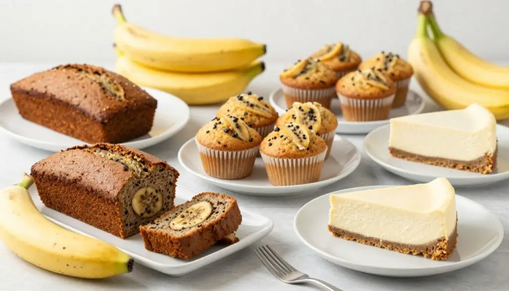 Kolekcja różnych wegańskich ciast z bananami i tofu na stole Kolekcja różnych wegańskich ciast z bananami i tofu na stole