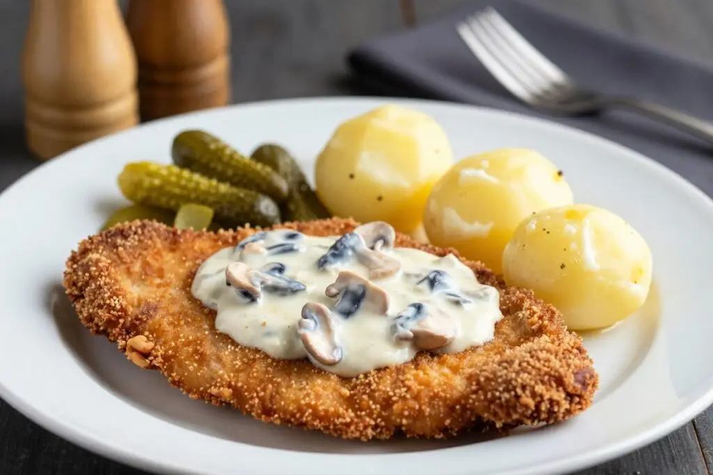 Kotlet schabowy polany sosem pieczarkowym na talerzu z ziemniakami