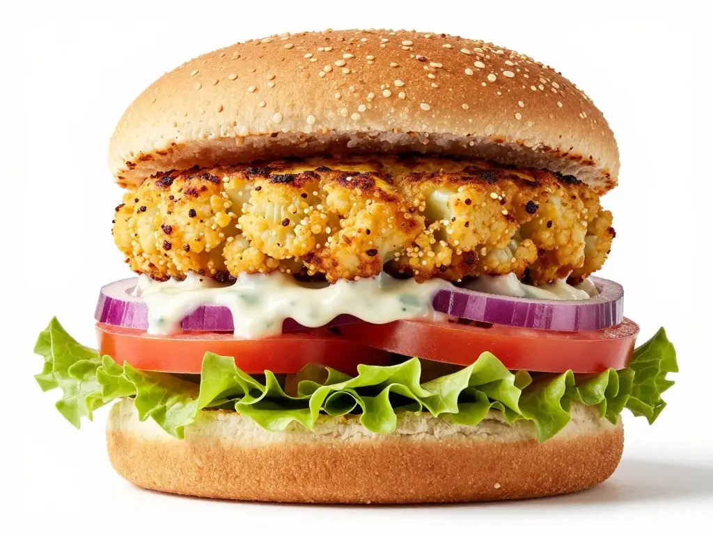 Kotlety z kalafiora i kaszy jaglanej podane jako burger w bułce Kotlety z kalafiora i kaszy jaglanej podane jako burger w bułce