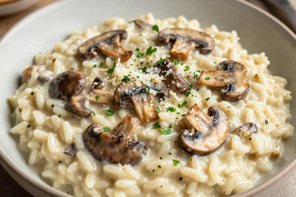 Kremowe risotto z grzybami leśnymi w misce
