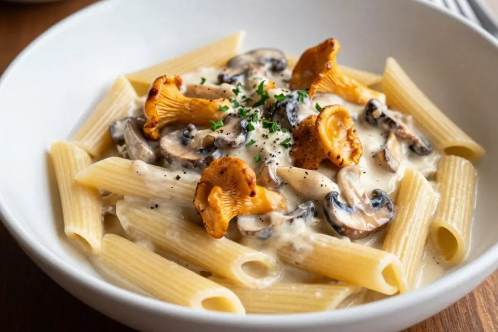 Makaron penne z sosem z kurek podany w misce