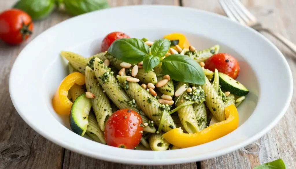 Makaron z pesto i kolorowymi warzywami