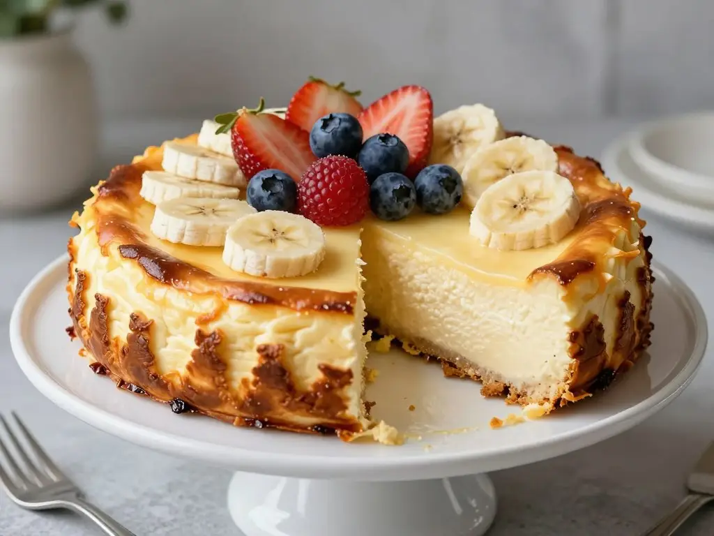 Pieczony tofurnik z bananami i owocami na wierzchu Pieczony tofurnik z bananami i owocami na wierzchu