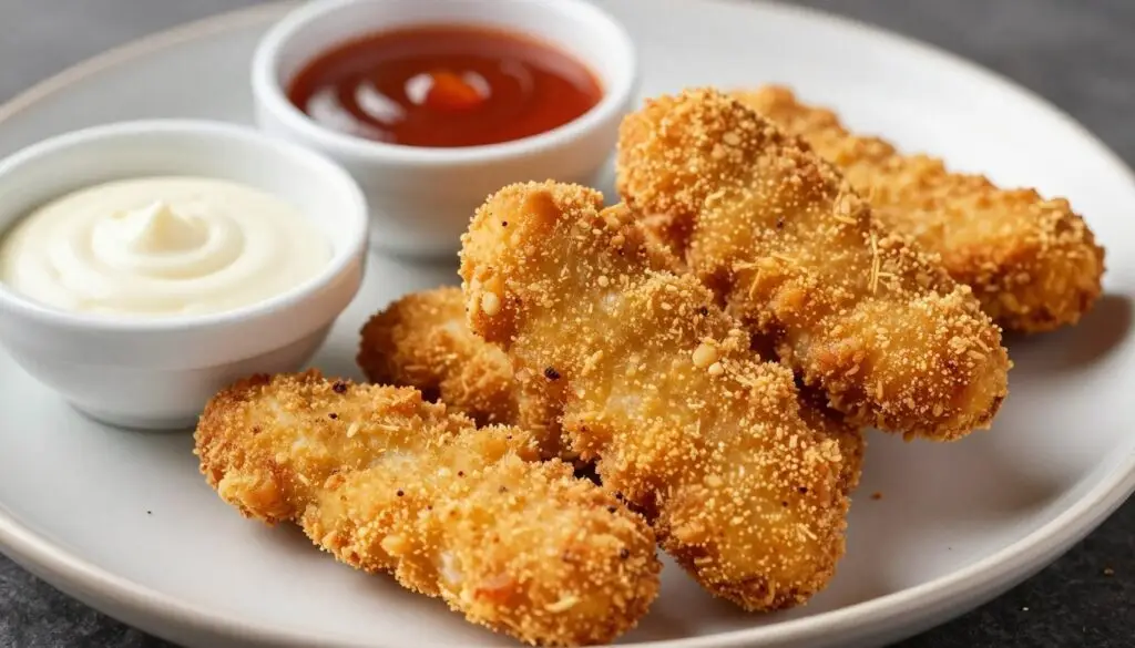 Polędwiczki z kurczaka jak z KFC ułożone na talerzu z sosem Polędwiczki z kurczaka jak z KFC ułożone na talerzu z sosem