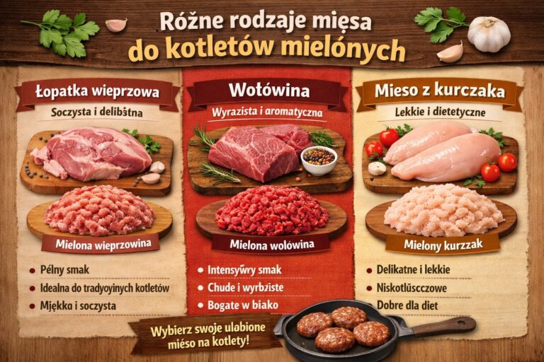 Różne rodzaje mięsa do kotletów mielonych - łopatka wieprzowa, wołowina i mięso z kurczaka