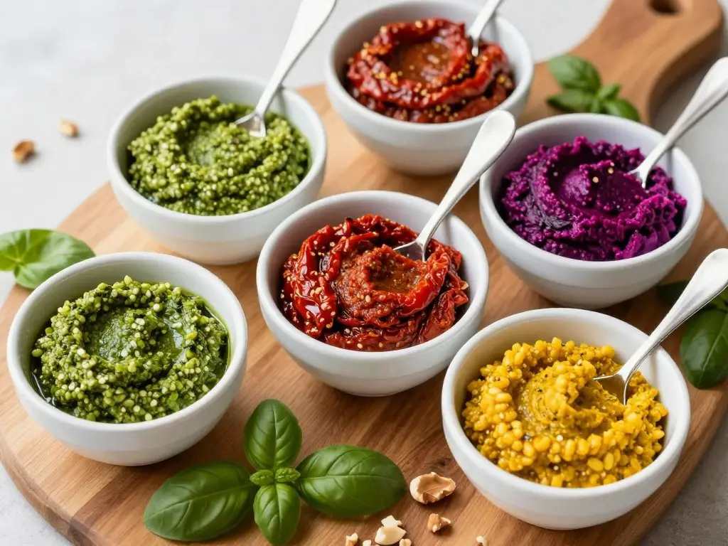 Różne rodzaje pesto w małych miseczkach