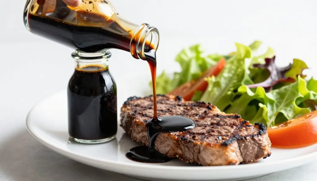 Sos balsamiczny w szklanej butelce obok sałatki i mięsa