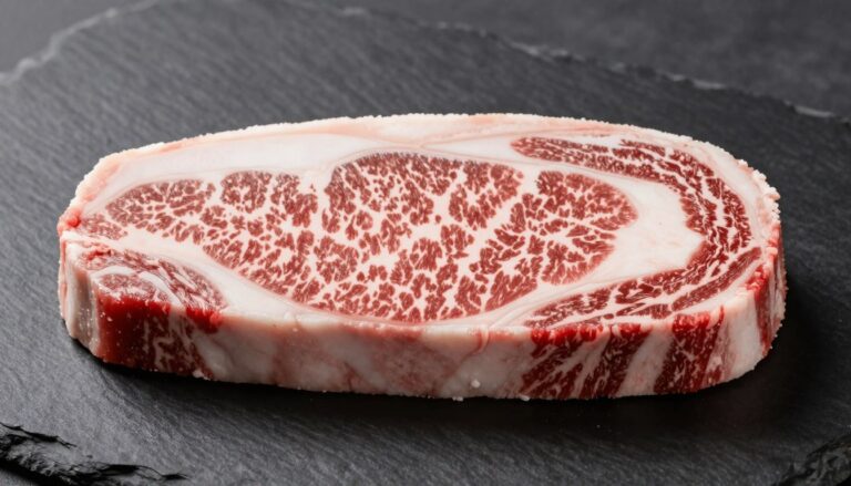 Stek z wołowiny Wagyu A5 z widoczną intensywną marmurkowatością