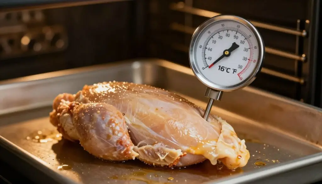 Termometr kuchenny wbity w pierś z kurczaka pokazujący idealną temperaturę wewnętrzną