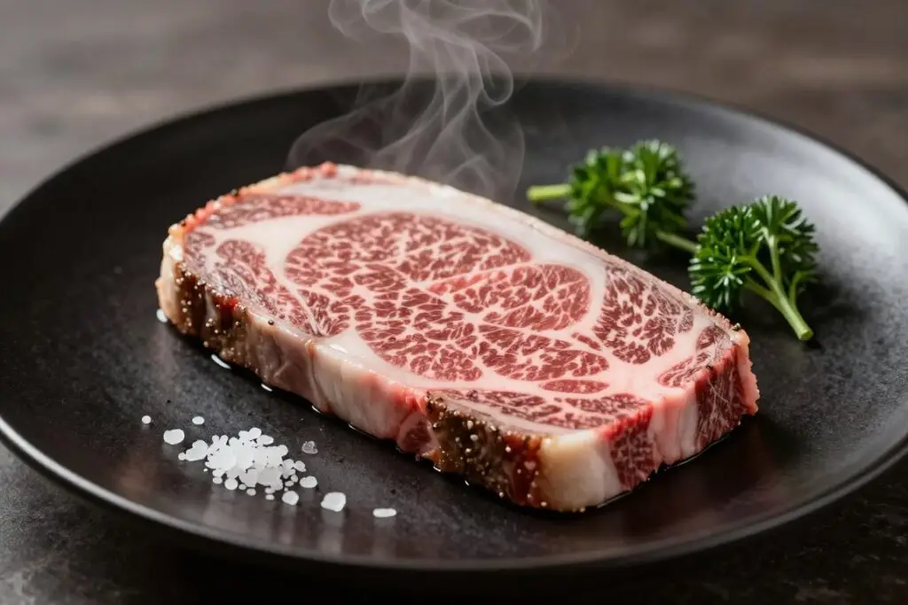 Usmażony stek z wołowiny Wagyu A5 pokrojony w plastry ukazujące soczystość i marmurkowatość Usmażony stek z wołowiny Wagyu A5 pokrojony w plastry ukazujące soczystość i marmurkowatość