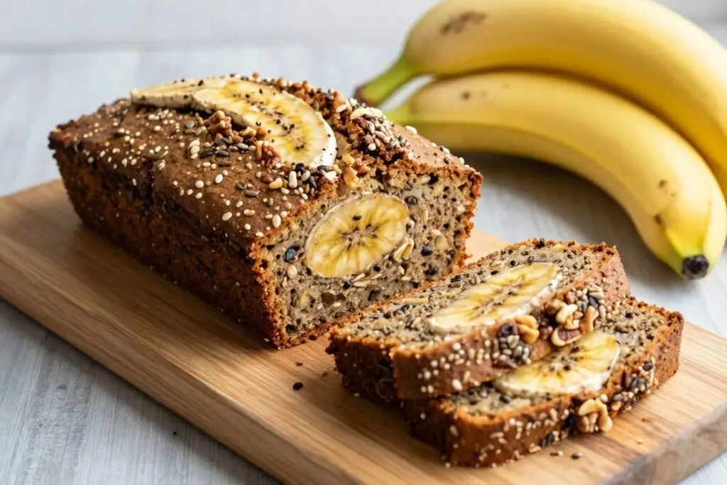 Wegański chlebek bananowy bez cukru z dodatkiem orzechów i nasion Wegański chlebek bananowy bez cukru z dodatkiem orzechów i nasion