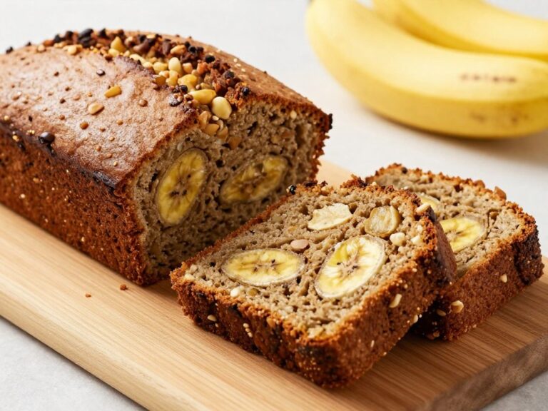 Wegański chlebek bananowy pokrojony w plastry na drewnianej desce