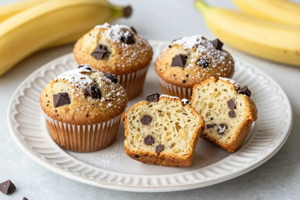 Wegańskie muffinki bananowe z kawałkami czekolady na paterze Wegańskie muffinki bananowe z kawałkami czekolady na paterze