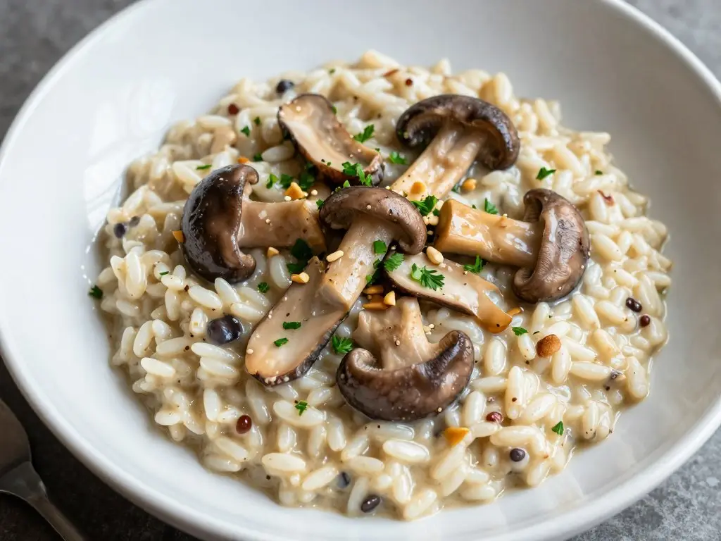 Wegańskie risotto z grzybami posypane natką pietruszki