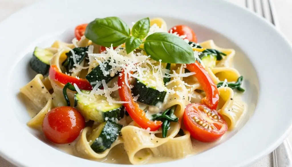 Wegetariański makaron tagliatelle z warzywami i parmezanem