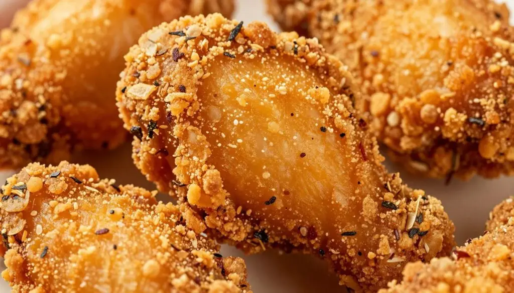 Zbliżenie na chrupiącą panierkę kurczaka jak z KFC Zbliżenie na chrupiącą panierkę kurczaka jak z KFC