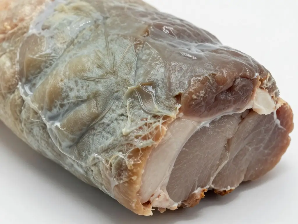 Zepsuty schab wieprzowy z widocznymi oznakami psucia Zepsuty schab wieprzowy z widocznymi oznakami psucia