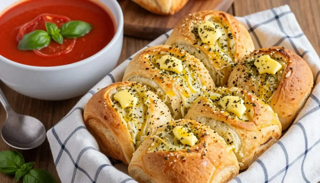 Bułeczki pizzowe z masłem czosnkowym podawane z zupą pomidorową