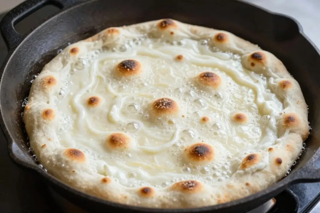 Chlebki naan przygotowane bez jogurtu, smażone na patelni