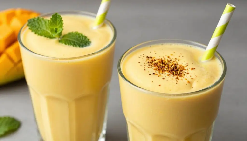 Dwie szklanki wegańskiego mango lassi z różnymi dodatkami