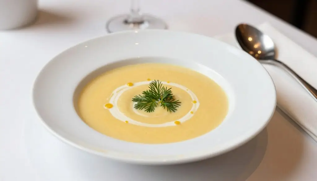 Elegancko podana zupa kukurydziana z dekoracją z ziół i kropli śmietany