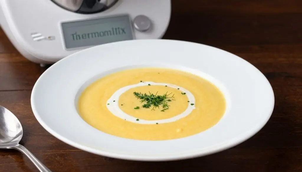 Gotowa zupa kukurydziana przygotowana w Thermomixie, podana w eleganckich miseczkach