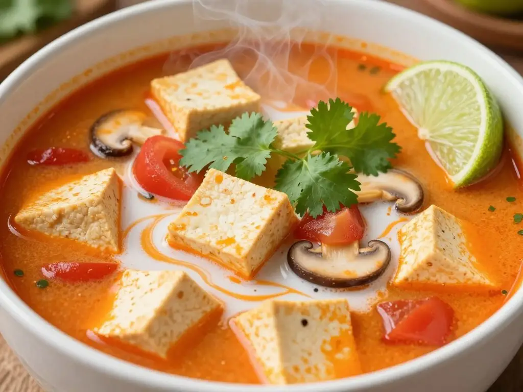 Gotowa zupa tajska Tom Yum z tofu podana w misce Gotowa zupa tajska Tom Yum z tofu podana w misce