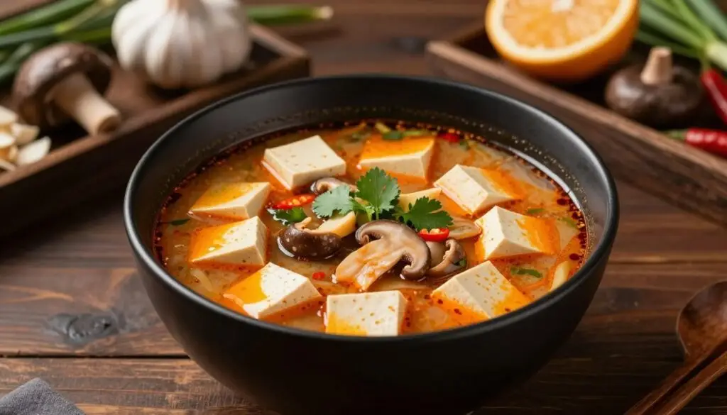 Gotowa zupa tajska Tom Yum z tofu w eleganckiej misce Gotowa zupa tajska Tom Yum z tofu w eleganckiej misce