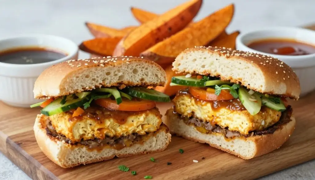 Gotowe wege burgery z tofu podane z frytkami i sosem