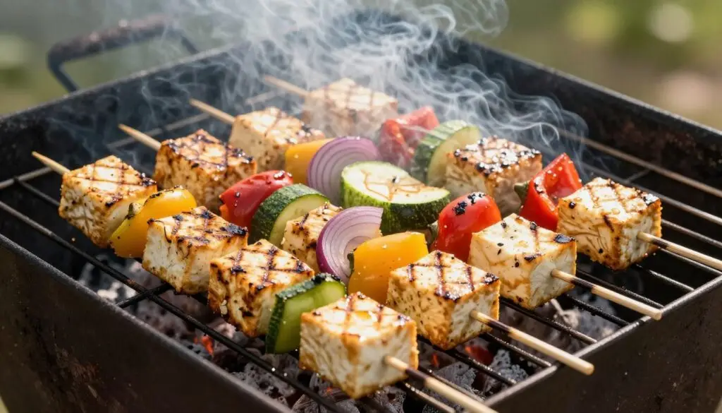 Grillowane tofu na szaszłykach z kolorowymi warzywami na rozgrzanym grillu