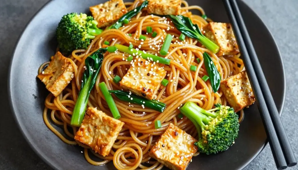 Makaron chow mein z tofu i zielonymi warzywami na talerzu