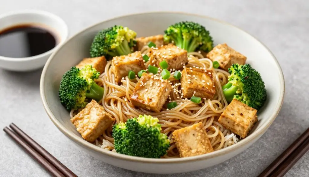 Makaron ryżowy z tofu i brokułami w misce z pałeczkami