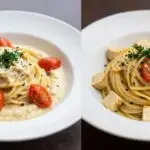 Makaron z hummusem i carbonara z tofu na dwóch talerzach obok siebie