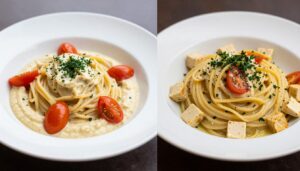 Makaron z hummusem i carbonara z tofu na dwóch talerzach obok siebie