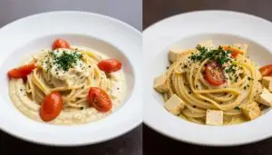 Makaron z hummusem i carbonara z tofu na dwóch talerzach obok siebie