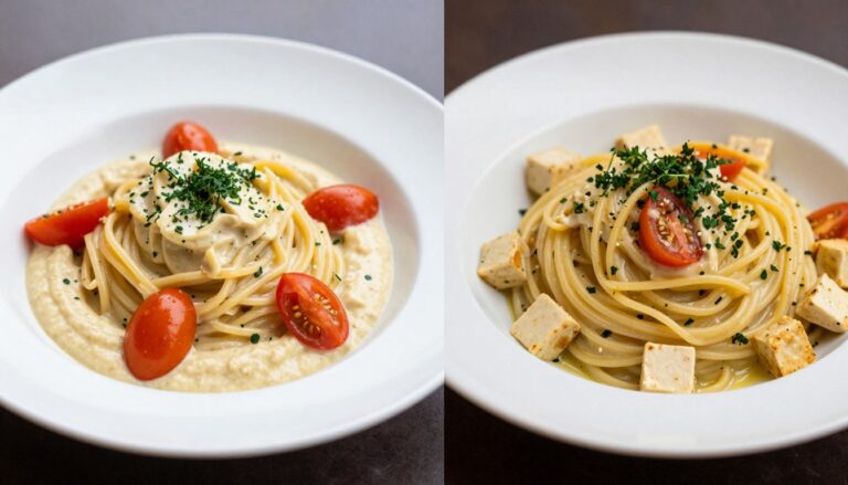 Makaron z hummusem i carbonara z tofu na dwóch talerzach obok siebie