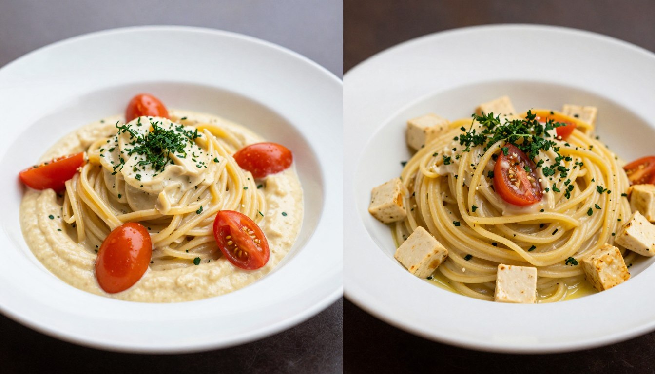 Makaron z hummusem i carbonara z tofu na dwóch talerzach obok siebie