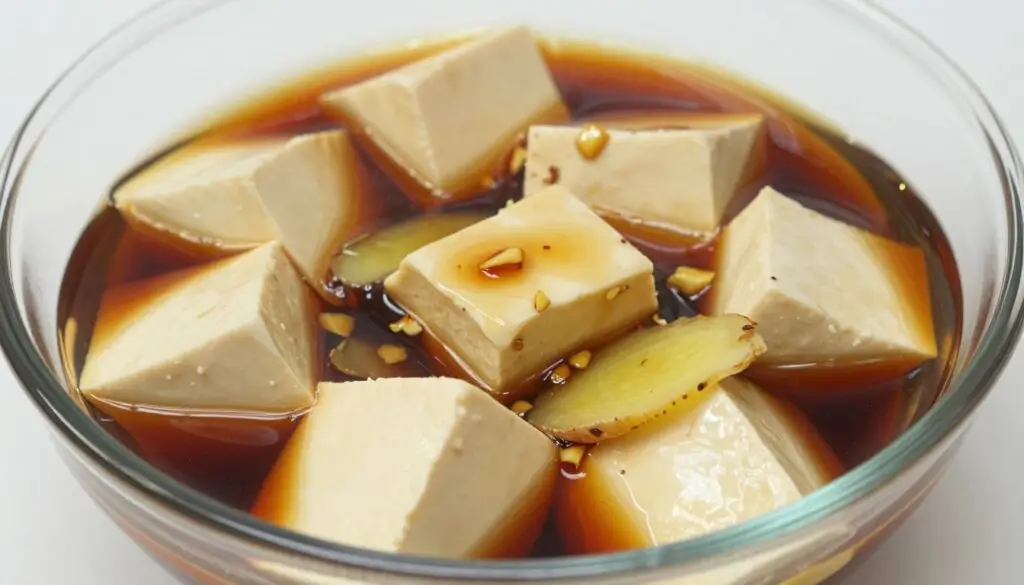 Marynata do tofu z sosem sojowym w misce z kawałkami tofu zanurzonymi w ciemnym płynie