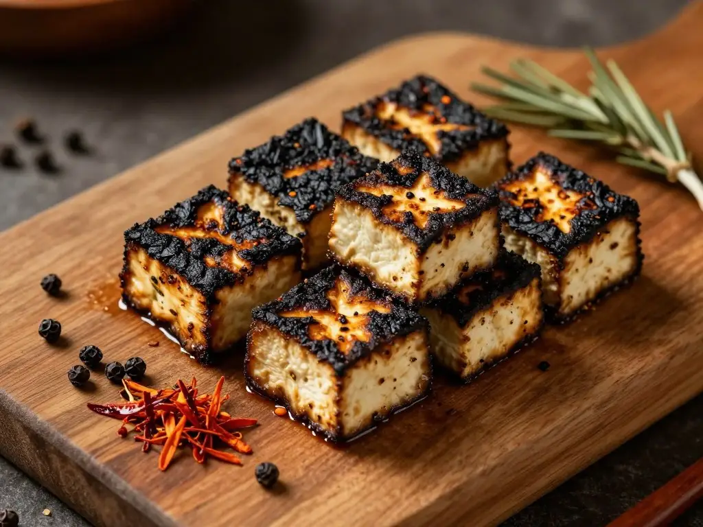Marynowane tofu wędzone pokrojone w kostki na drewnianej desce z przyprawami