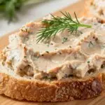 Pasta bezrybna z tofu podana na pieczywie z dodatkiem koperku