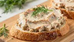 Pasta bezrybna z tofu podana na pieczywie z dodatkiem koperku
