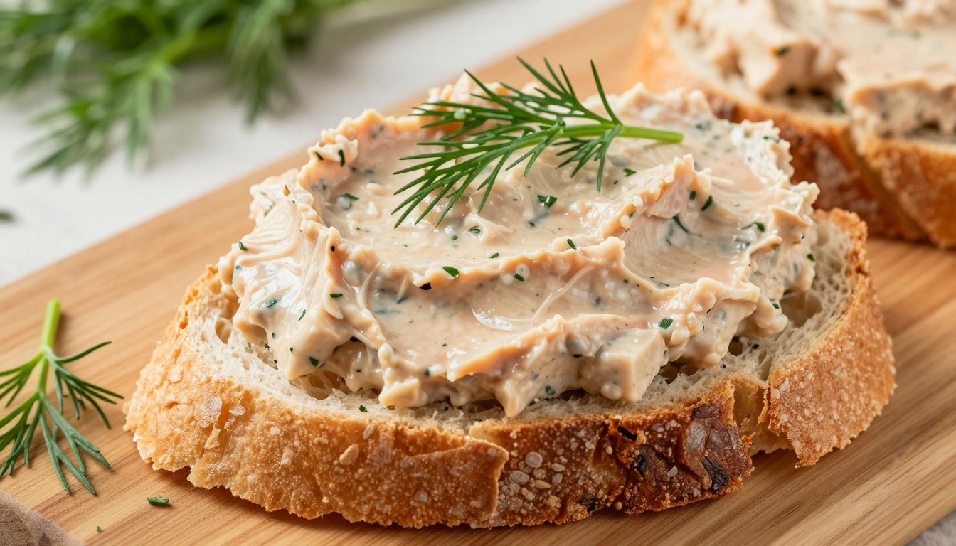 Pasta bezrybna z tofu podana na pieczywie z dodatkiem koperku